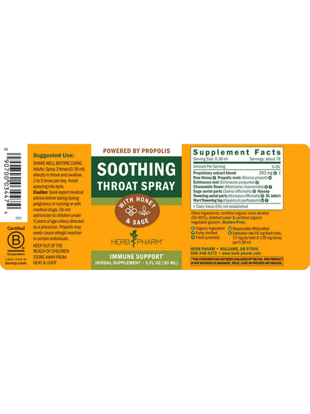 Herb Pharm, Soothing Throat Spray, Honey Sage, 1 fl oz
