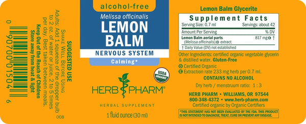 Herb Pharm, Lemon Balm, Alcohol Free, 1 fl oz