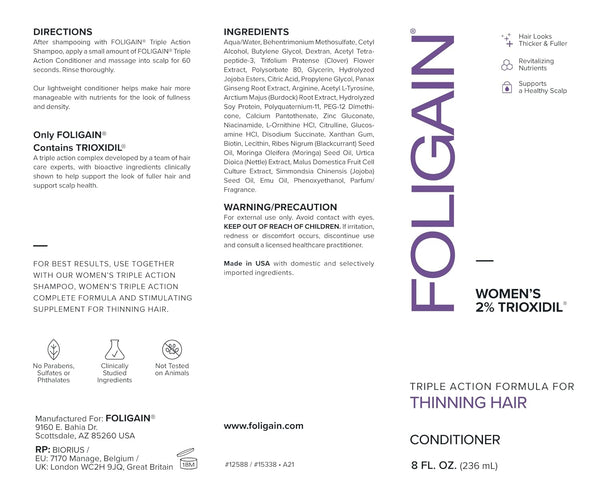 FOLIGAIN, Women's Triple Action Conditioner for Thinning Hair with 2% Trioxidil, 8 oz