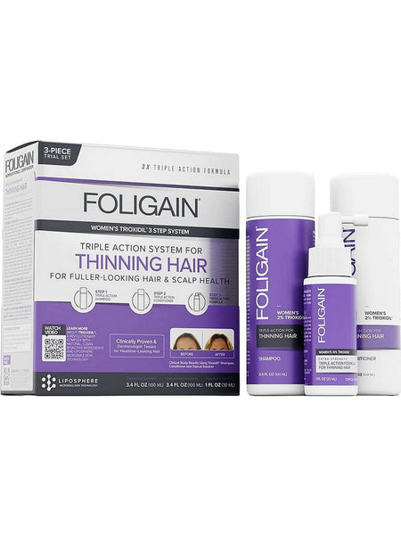 FOLIGAIN, Women's Triple Action Complete System For Thinning Hair Trial Set with 2% Trioxidil, 1 Kit
