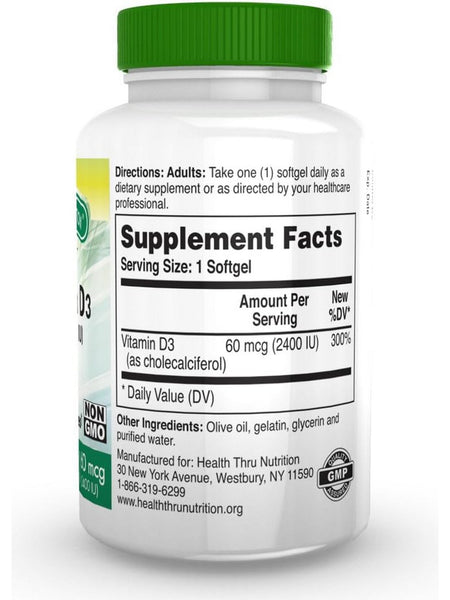 Health Thru Nutrition, Vitamin D3 2400 IU (as Cholecalciferol), 100 Softgels