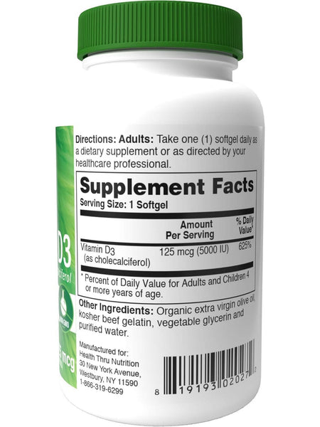 Health Thru Nutrition, Vitamin D3 5000 IU (as Cholecalciferol), 100 Softgels