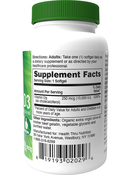 Health Thru Nutrition, Vitamin D3 10,000 IU (as Cholecalciferol), 120 Softgels