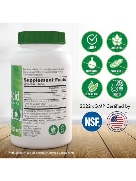 Health Thru Nutrition, Caprylic Acid C8:0 Octanoic Acid 600 mg, 100 Softgels