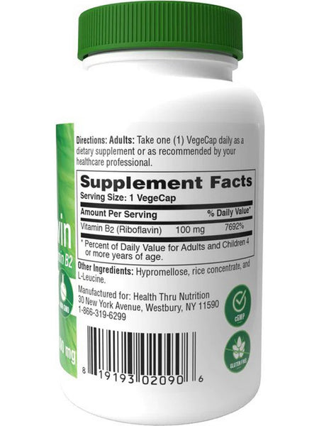 Health Thru Nutrition, Riboflavin as Vitamin B2 100 mg, 100 VegeCaps