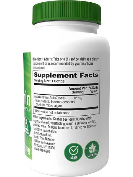 Health Thru Nutrition, Astaxanthin as Natural Algae AstaZine 12 mg, 30 Softgels
