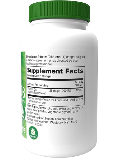 Health Thru Nutrition, Vitamin D3 1000 IU (as Cholecalciferol), 100 Softgels