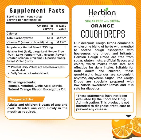 Herbion Naturals, Sugar Free with Stevia, Cough Drops, Orange, 18 Drops