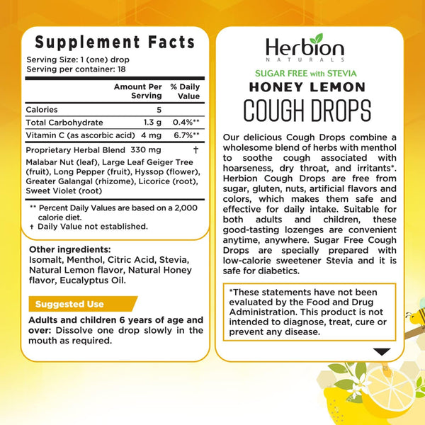 Herbion Naturals, Sugar Free with Stevia, Cough Drops, Honey Lemon, 18 Drops
