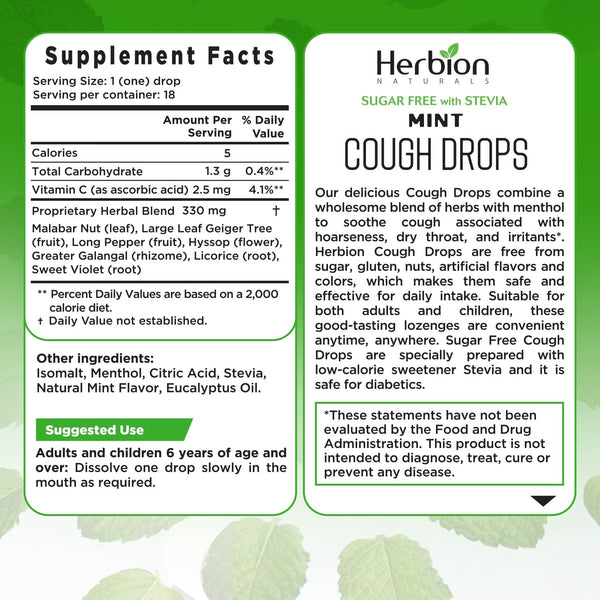 Herbion Naturals, Sugar Free with Stevia, Cough Drops, Mint, 18 Drops