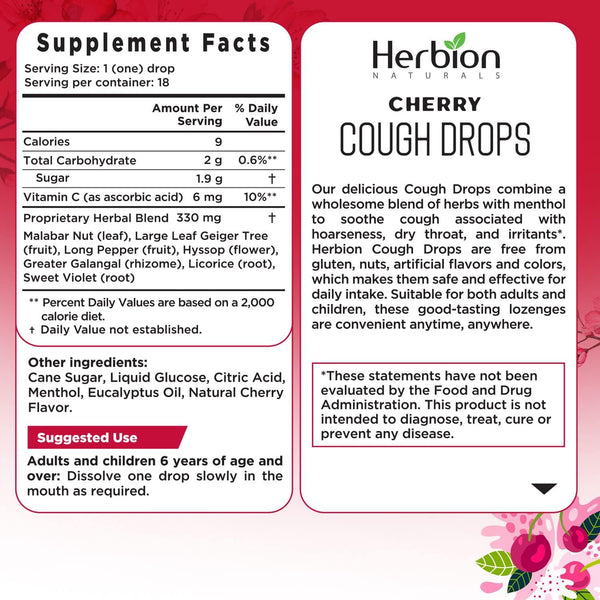 Herbion Naturals, Cough Drops, Cherry, 18 Drops