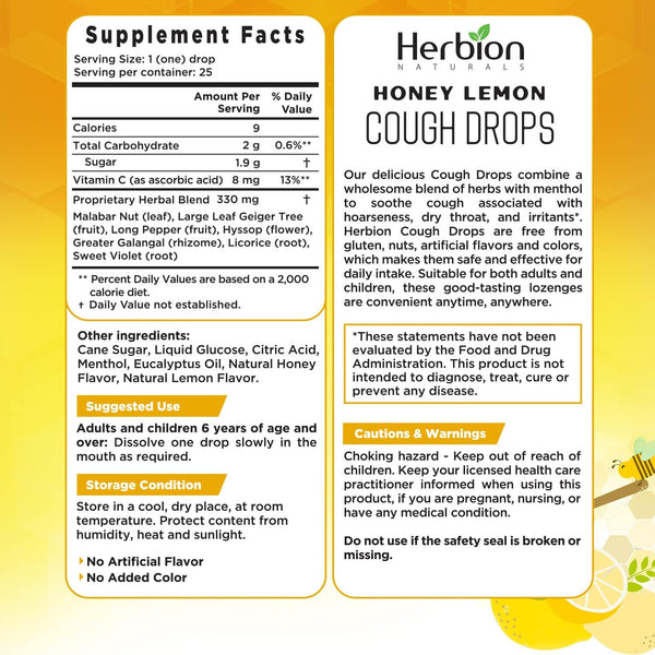 Herbion Naturals, Cough Drops, Honey Lemon, 25 Drops