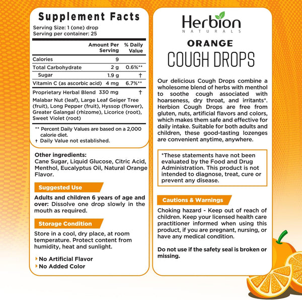 Herbion Naturals, Cough Drops, Orange, 25 Drops
