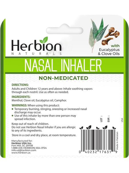 Herbion Naturals, Nasal Inhaler with Eucalyptus and Clove Oils, 0.05 oz