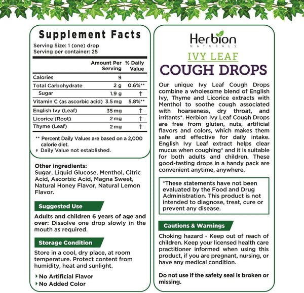 Herbion Naturals, Ivy Leaf Cough Drops with Thyme and Licorice, Honey Lemon, 25 Drops
