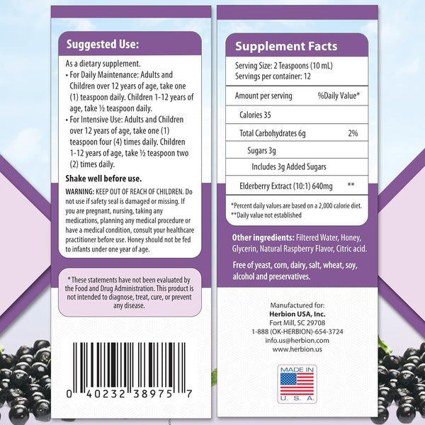 Herbion Naturals, Elderberry Syrup, Raspberry, 4 fl oz