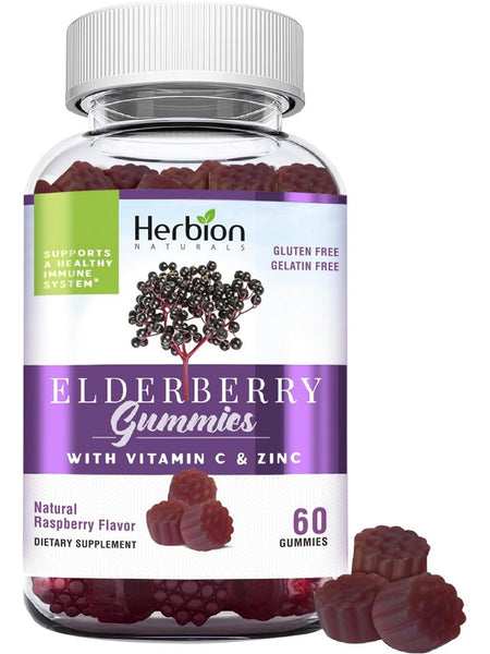Herbion Naturals, Elderberry Gummies with Vitamin C and Zinc, Natural Raspberry, 60 Gummies