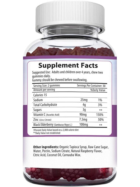 Herbion Naturals, Elderberry Gummies with Vitamin C and Zinc, Natural Raspberry, 60 Gummies