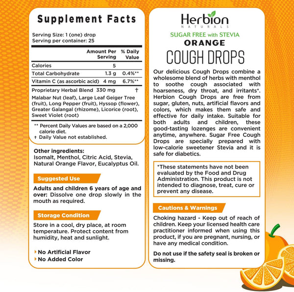 Herbion Naturals, Sugar Free with Stevia, Cough Drops, Orange, 25 Drops