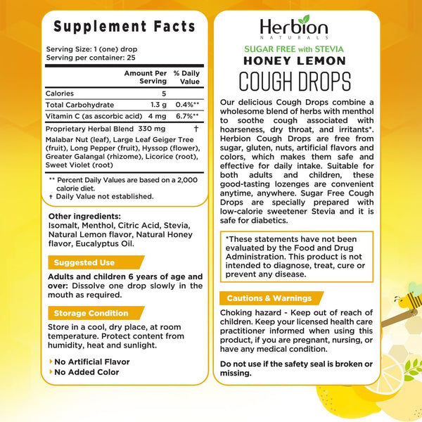 Herbion Naturals, Sugar Free with Stevia, Cough Drops, Honey Lemon, 25 Drops
