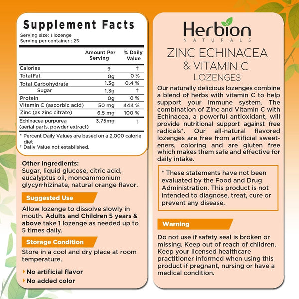 Herbion Naturals, Zinc, Echinacea and Vitamin C Lozenges, Orange, 25 Lozenges