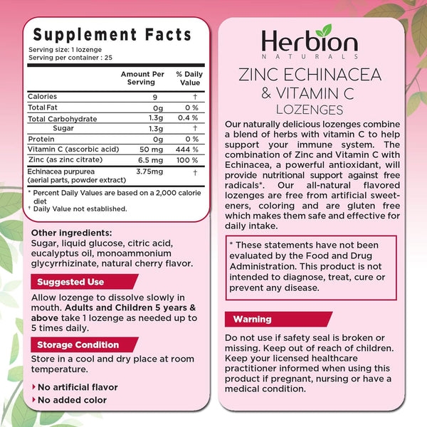 Herbion Naturals, Zinc, Echinacea and Vitamin C Lozenges, Cherry, 25 Lozenges