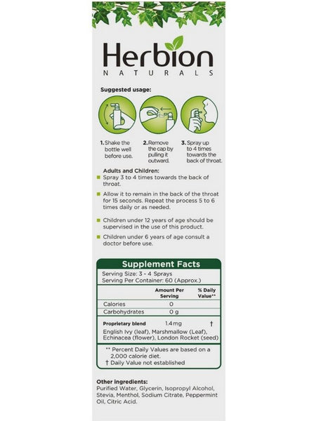 Herbion Naturals, Sugar Free Made with Stevia, Ivy Leaf Throat Spray with Echinacea, 2 fl oz