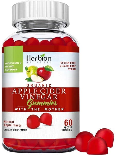 Herbion Naturals, Organic Apple Cider Vinegar Gummies with The Mother, Natural Apple, 60 Pectin Gummies