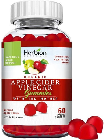 Herbion Naturals, Organic Apple Cider Vinegar Gummies with The Mother, Natural Apple, 60 Pectin Gummies