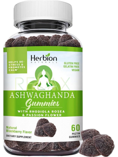 Herbion Naturals, Ashwagandha Gummies with Rhodiola Rosea and Passion Flower, Natural Blackberry, 60 Pectin Gummies