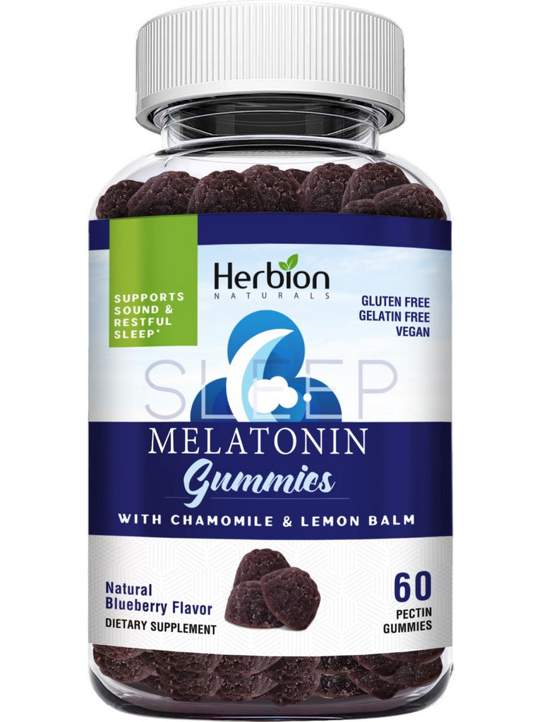Herbion Naturals, Melatonin Gummies with Chamomile and Lemon Balm, Natural Blueberry, 60 Pectin Gummies