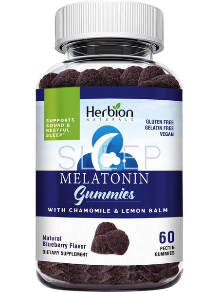 Herbion Naturals, Melatonin Gummies with Chamomile and Lemon Balm, Natural Blueberry, 60 Pectin Gummies