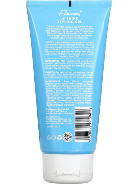 Jason Naturals, Hi Shine Styling Gel, Flaxseed, 6 oz