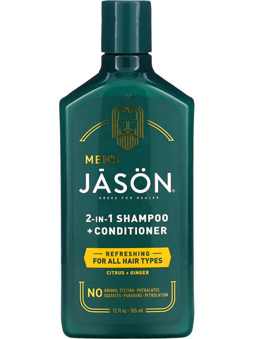 Jason Naturals, Men’s 2-in-1 Shampoo + Conditioner, Refreshing For All Hair Types, Citrus + Ginger, 12 fl oz