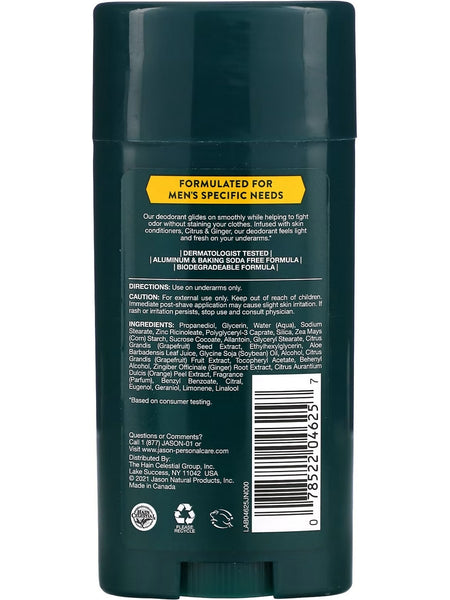 Jason Naturals, Men's Deodorant, Citrus + Ginger, 2.5 oz