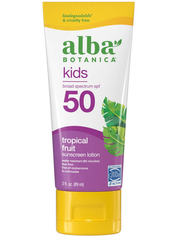 Alba Botanica, Kids Broad Spectrum SPF 50, Tropical Fruit Sunscreen Lotion, 3 fl oz