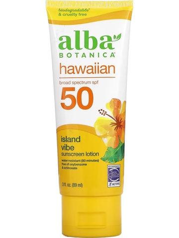 Alba Botanica, Hawaiian Broad Spectrum SPF 50, Island Vibe Sunscreen Lotion, 3 fl oz