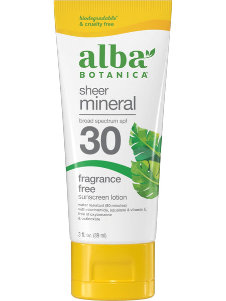Alba Botanica, Sheer Mineral Broad Spectrum SPF 30 Sunscreen Lotion, Fragrance Free, 3 fl oz