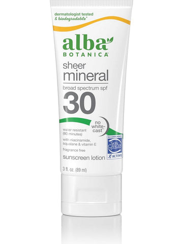 Alba Botanica, Sheer Mineral Broad Spectrum SPF 30 Sunscreen Lotion, Fragrance Free, 3 fl oz