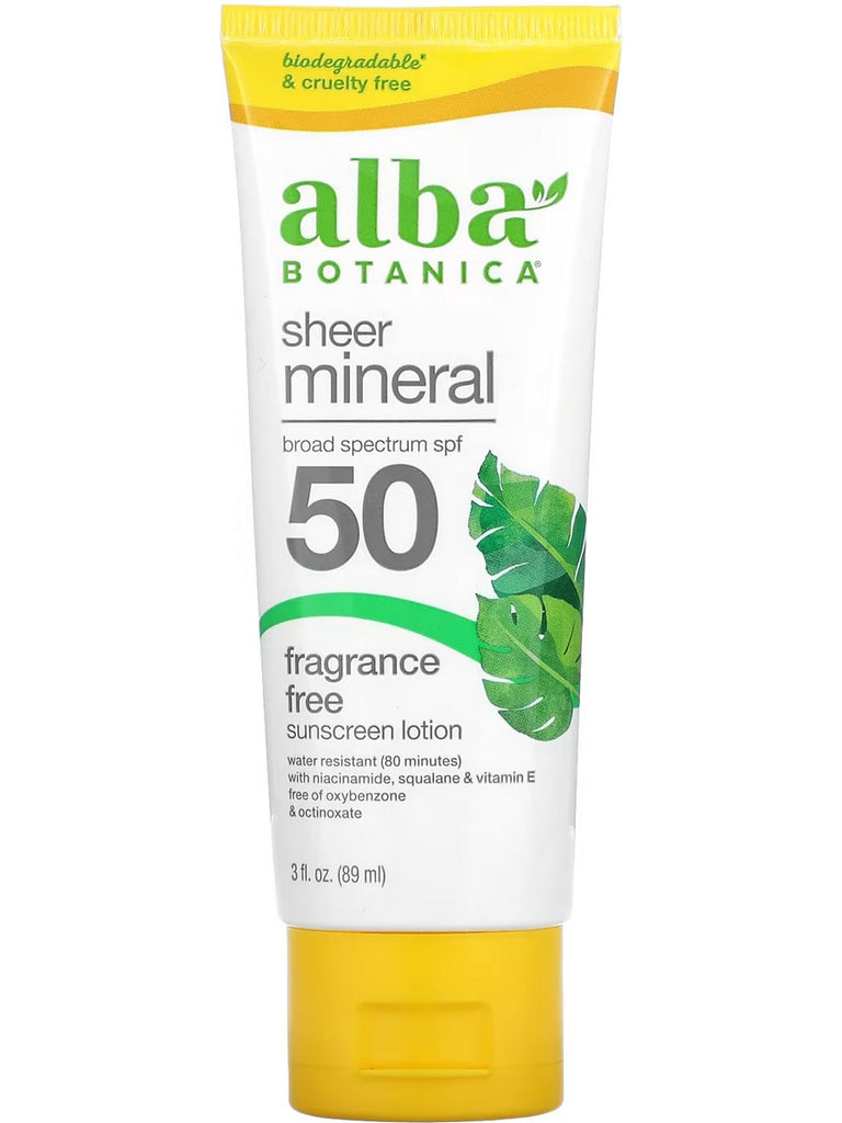 Alba Botanica, Sheer Mineral Broad Spectrum SPF 50, Fragrance Free Sunscreen Lotion, 3 fl oz