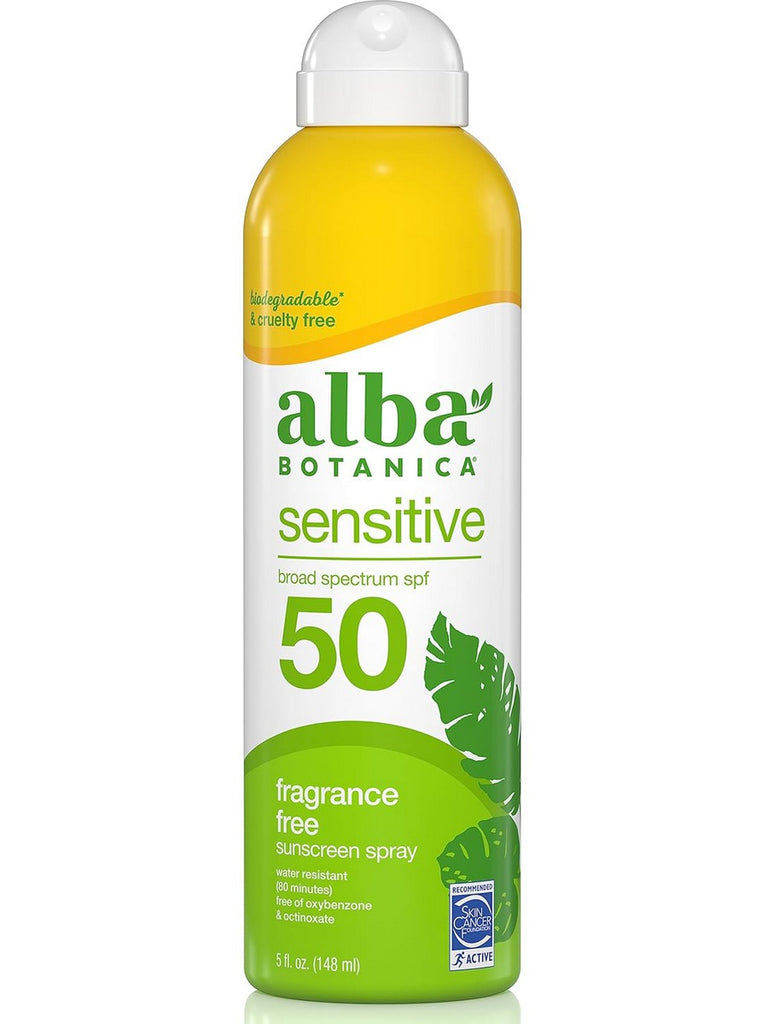 Alba Botanica, Sensitive Broad Spectrum SPF 50, Fragrance Free Sunscreen Spray, 5 fl oz