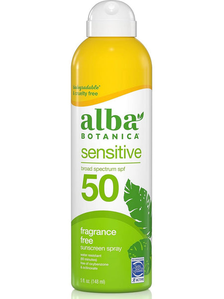 Alba Botanica, Sensitive Broad Spectrum SPF 50, Fragrance Free Sunscreen Spray, 5 fl oz