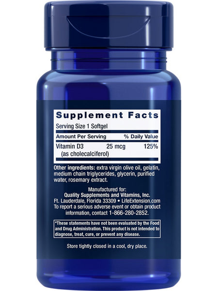 Life Extension, Vitamin D3, 25 mcg (1000 IU), 90 softgels