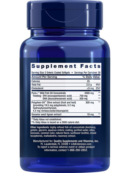 Life Extension, Super Omega-3 EPA/DHA Fish Oil, Sesame Lignans & Olive Extract (Enteric Coated), 60 enteric-coated softgels