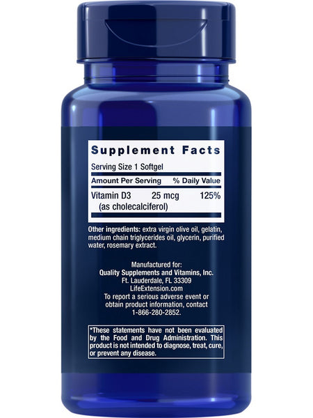 Life Extension, Vitamin D3, 25 mcg (1000 IU), 250 softgels