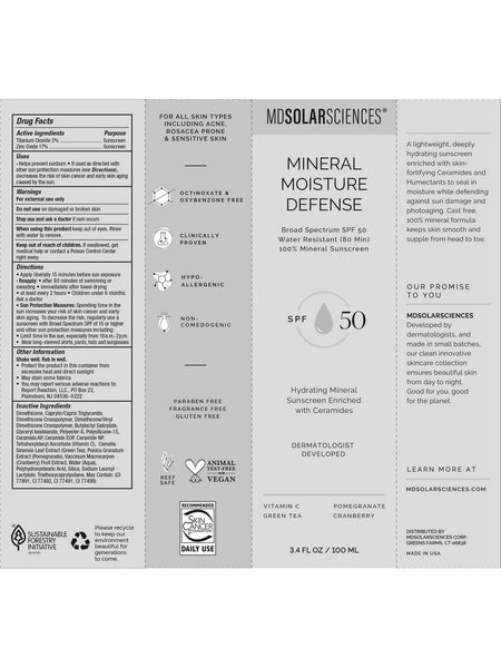 MDSolarSciences, Mineral Moisture Defense SPF 50, 3.4 fl oz