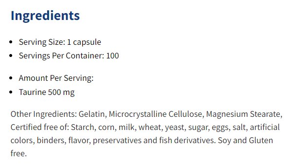 Montiff, Pure Taurine 500 mg, 100 Capsules