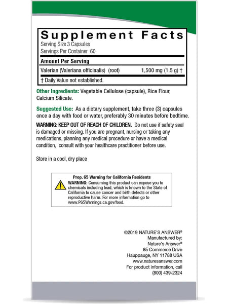 Nature's Answer, Valerian Root, 180 Vegetarian Capsules