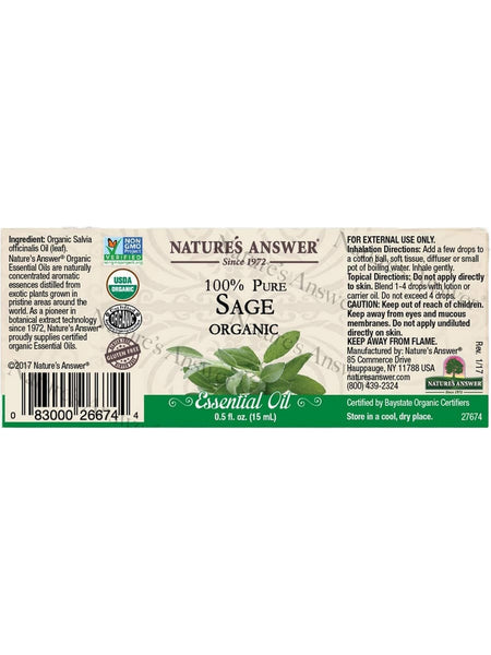 Nature's Answer, 100% Pure Sage, Organic Essential Oil, 0.5 fl oz