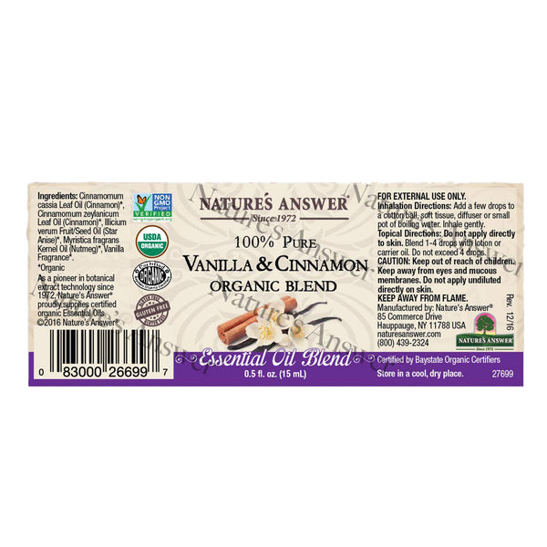 Nature's Answer, 100% Pure Vanilla & Cinnamon, Organic Blend Essential Oil, 0.5 fl oz